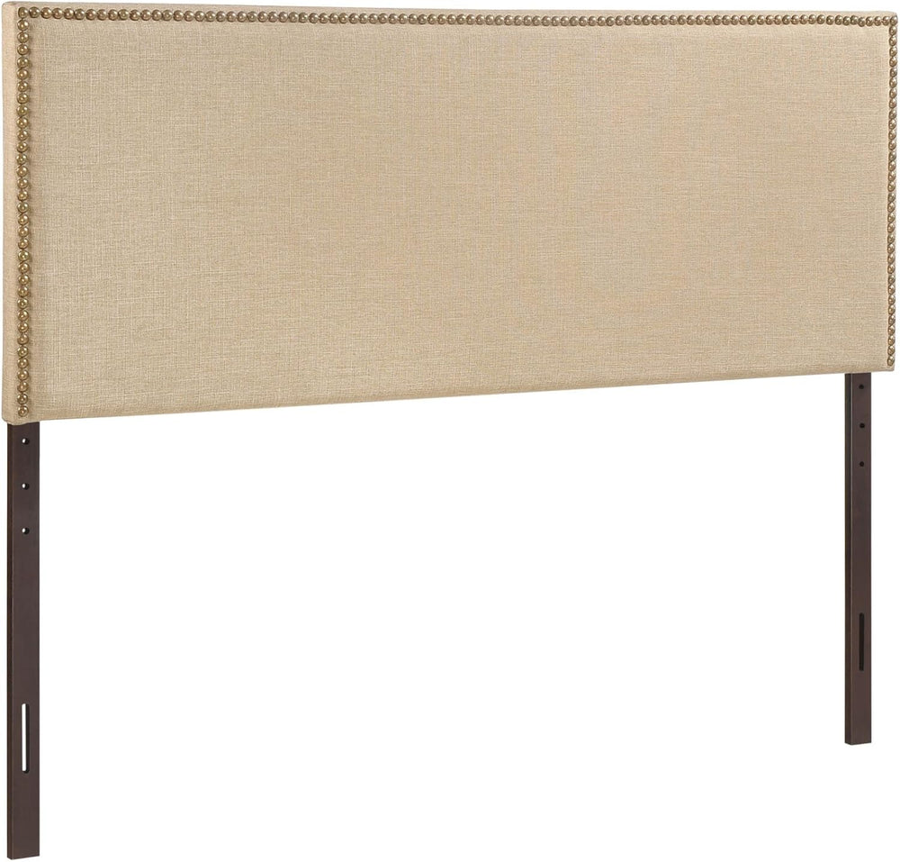 Modern Contemporary Queen Size Nailhead Upholstered Headboard, Beige Fabric