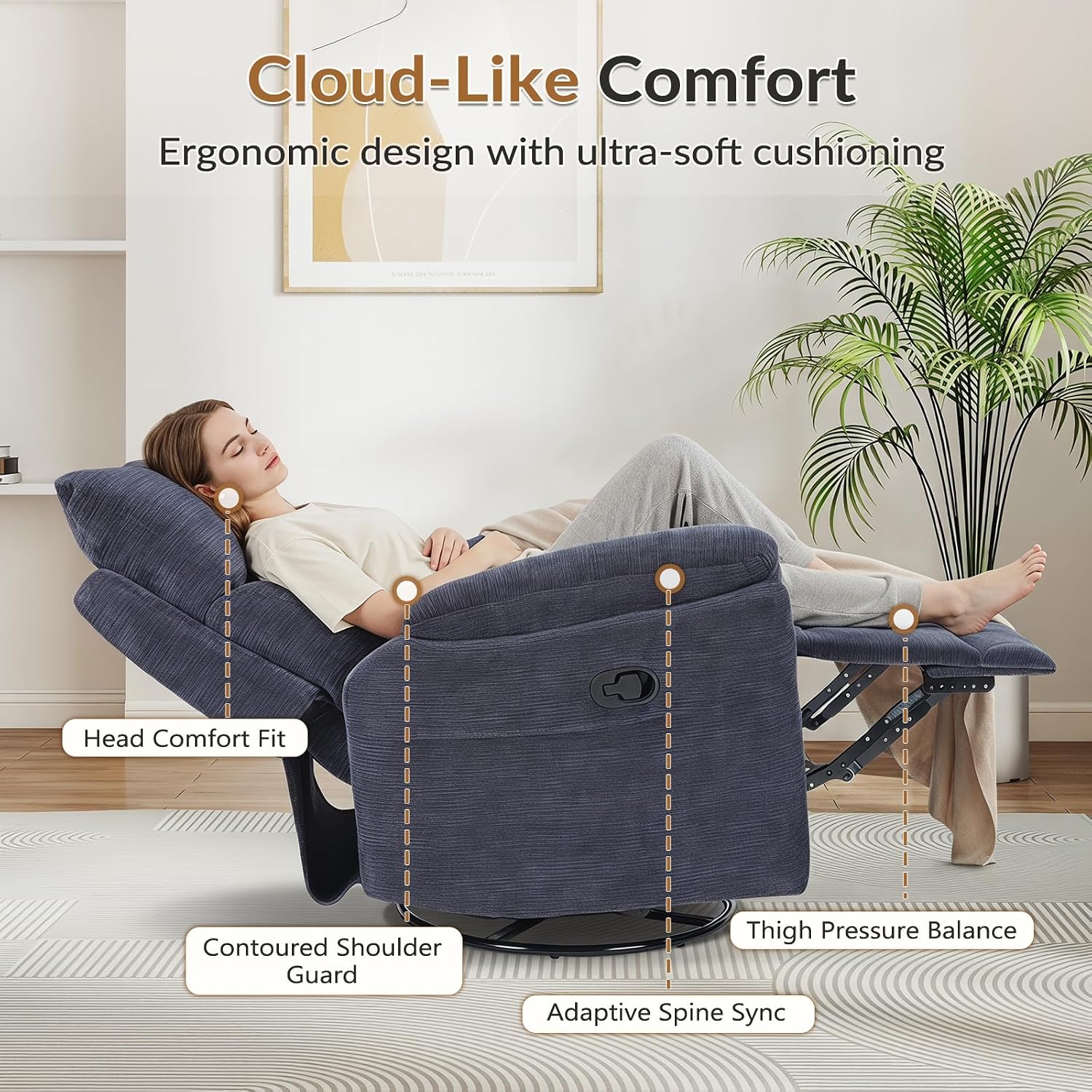 ANJ Swivel Glider Recliner, Manual Nursery Rocking Chair, Blue | Upholstered glider chair with 360° swivel, padded cushion, ideal for nursery, bedroom and living room breastfeeding & reading