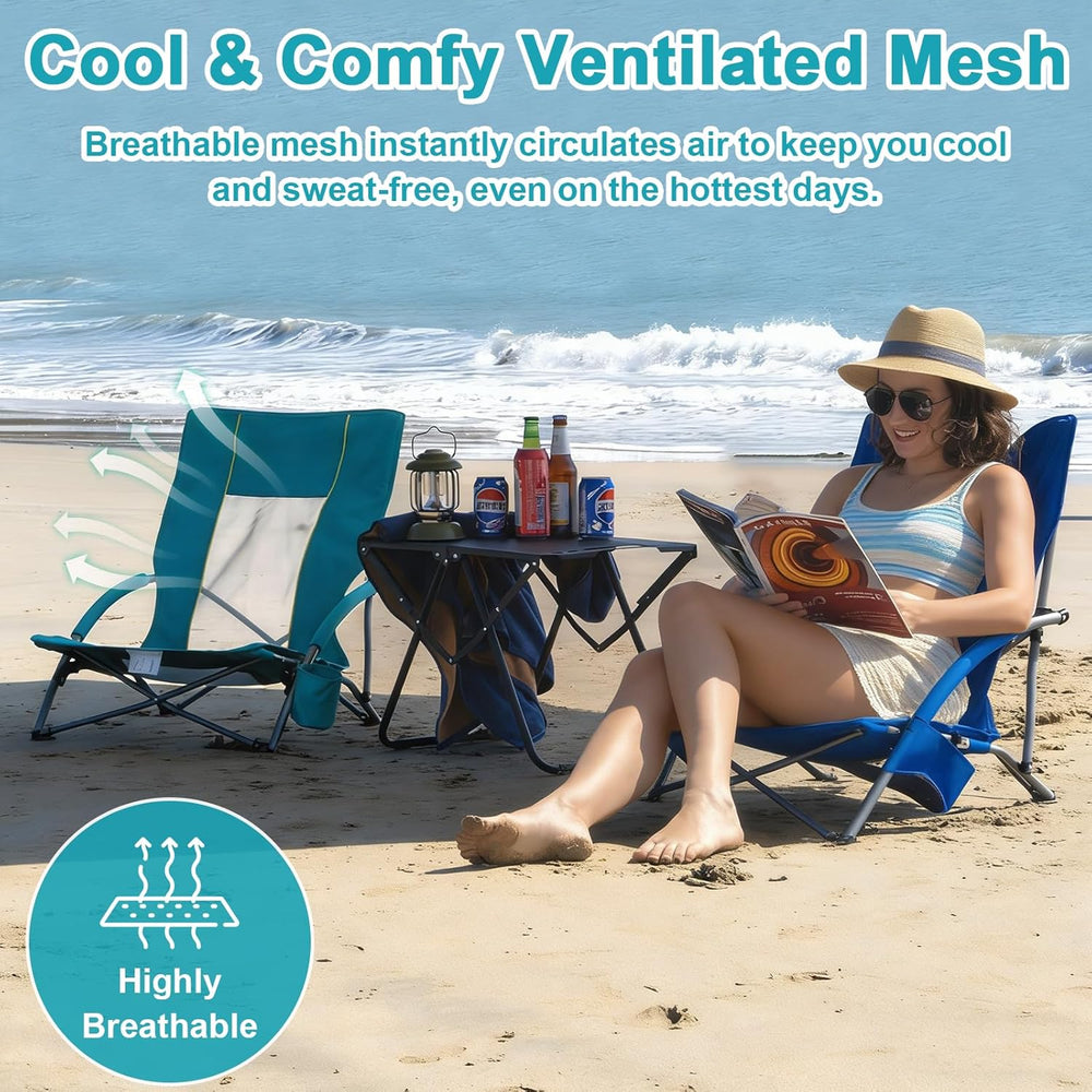 Romswi 2 Pack Lightweight Low Beach Chairs with Breathable Mesh Back,6LBS Fol...