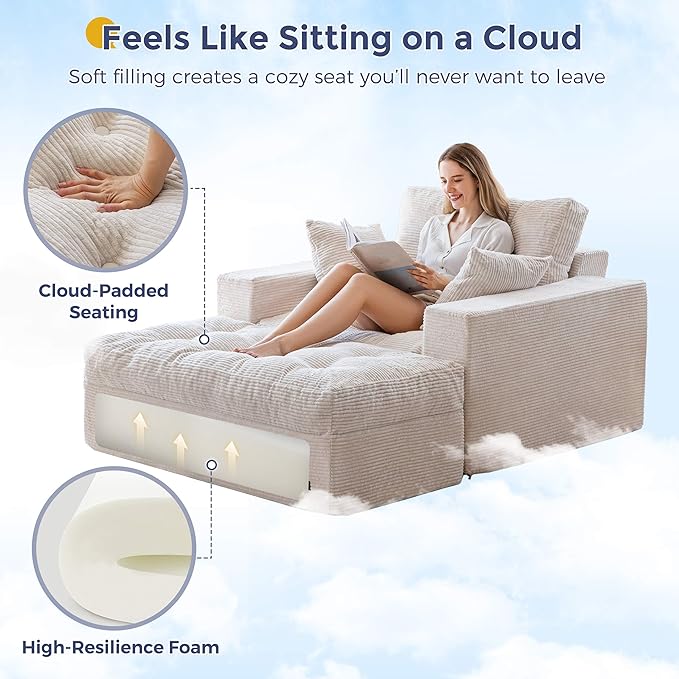 MAXYOYO Modular Sectional Chaise Lounge Sofa, Upholstered Lounge Chair with Ottoman, Comfy Couch with Layered Cushion, Tufted Upholstered Sleeper Chair for Living Room, No Assembly, Beige