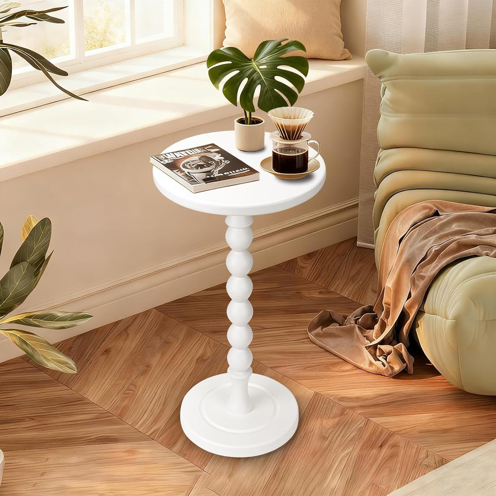 Round Side Table for Small Spaces, Drink Table with Oak Wood Pedestal, Modern...