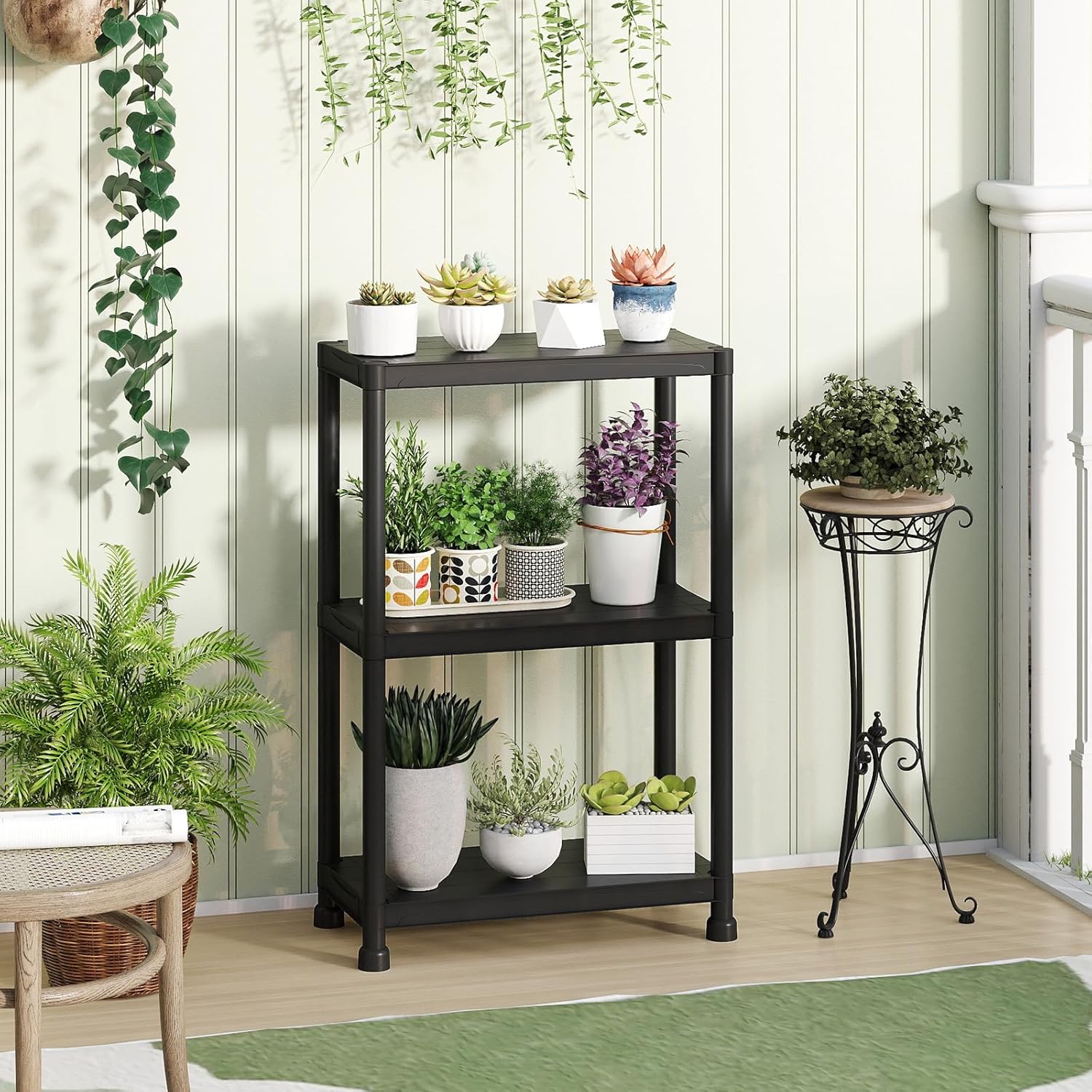 Giantex 3-Tier Heavy-Duty Plastic Storage Shelves, Freestanding Garage Shelving Unit, Multi-Use Organizer Rack for Pantry, Kitchen, Laundry, No-Tool Assembly, Black (1,24" x 12.5" x 37")