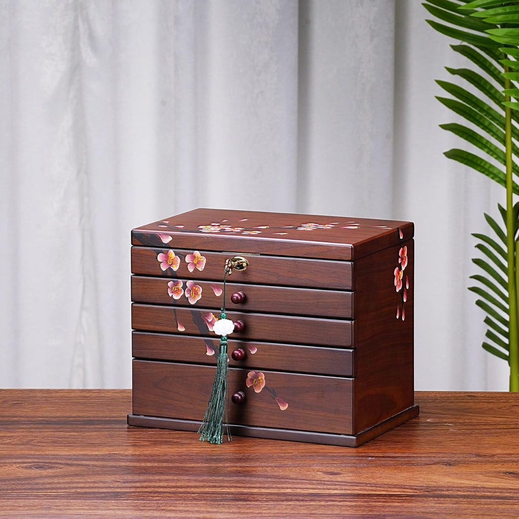 Vintage Wooden Jewelry Boxes with Lock & Key - Hand-Painted Large Jewelry Organizer, 6-Layer jewelry organizers and storage, Rustic Tabletop Jewelry Storage Box for Women/Men