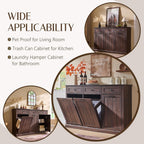 Triple Tilt Out Trash Can Cabinet, 20 Gallon Farmhouse Laundry Hamper Cabinet w/3 Drawers & Adjustable Shelf, Hidden Wooden Trash Can Cabinets with Storage Basket for Kitchen (Brown)