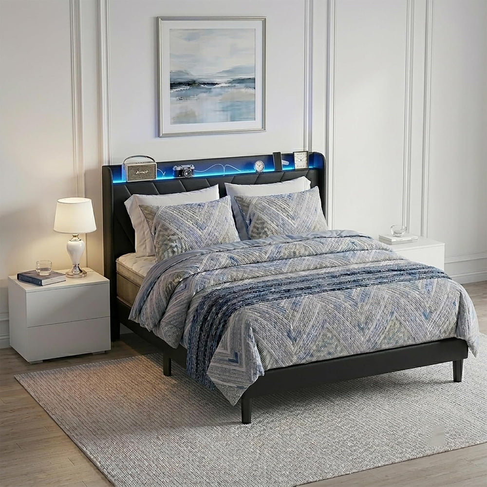 Full Size Bed Frame with Charging Station and LED Lights, Upholstered Wingbac...