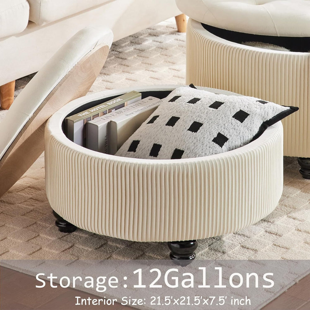 24Inch White Round Storage Ottoman, Upholstered Coffee Table | Modern Tufted ...