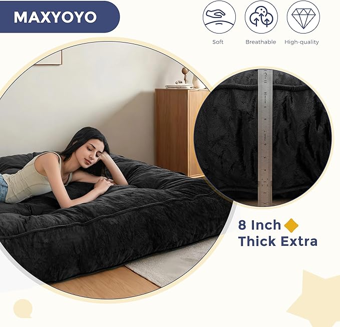 MAXYOYO 8" Futon Mattress, Queen Size Extra Thick Futons Sofa Couch Bed for Adults, Velvet Floor Mattress Shredded Foam Filling (Frame Not Included)