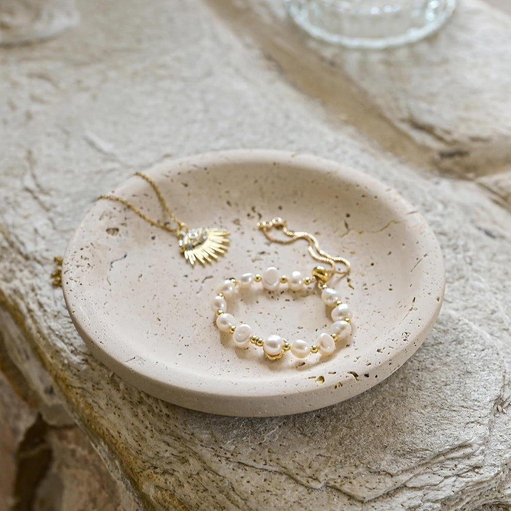 ZSHAWN Natural Beige Travertine Ring Dish Jewelry Tray – 5.5" Trinket Dish for Rings Earrings Necklace, Scratch-Resistant Vanity Organizer, Elegant Gift for Women
