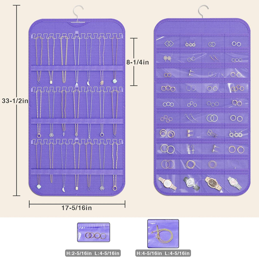 Hanging Jewelry Organizer Storage, 40 Pockets 36 Hooks Necklace Earring Necklace Bracelet Ring Organizer, Double - Sided Design, Purple