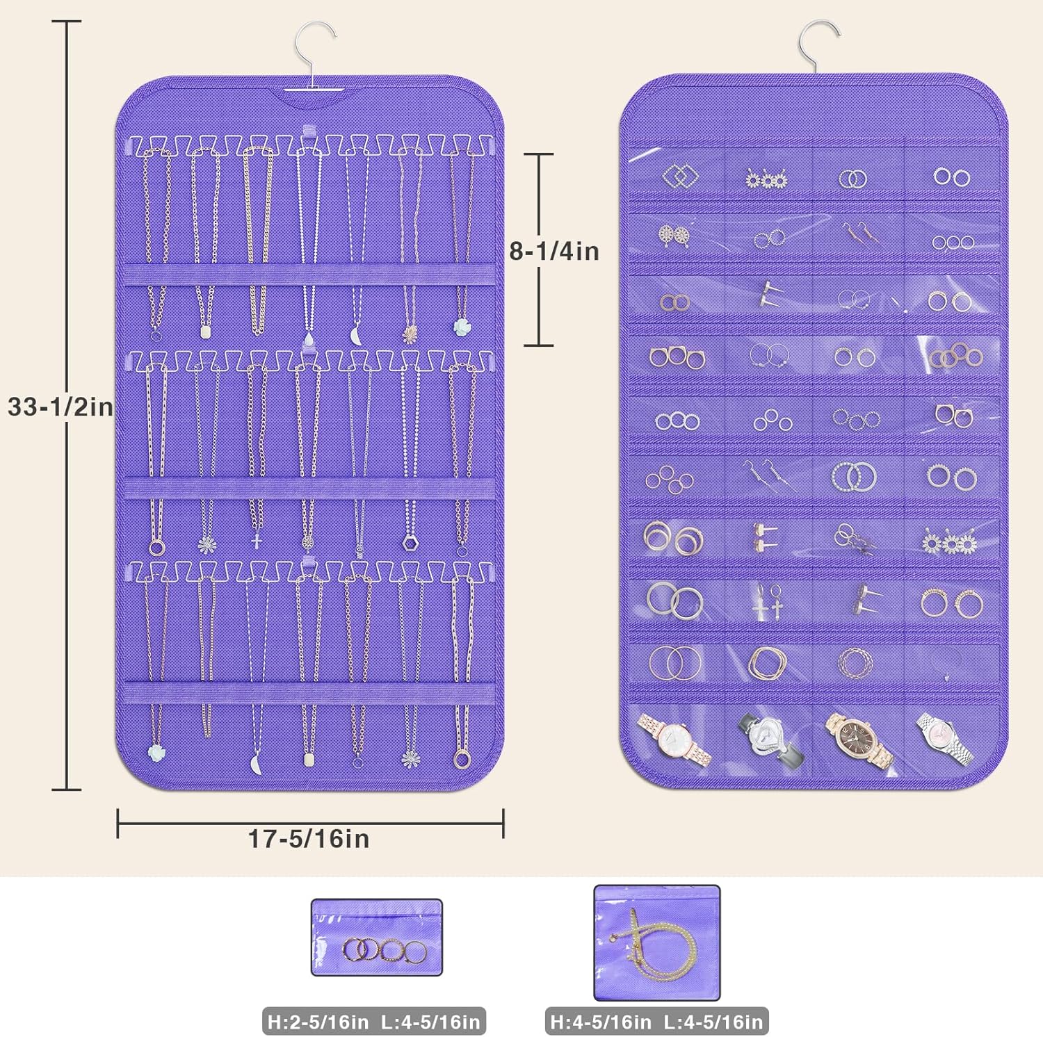 Hanging Jewelry Organizer Storage, 40 Pockets 36 Hooks Necklace Earring Necklace Bracelet Ring Organizer, Double - Sided Design, Purple