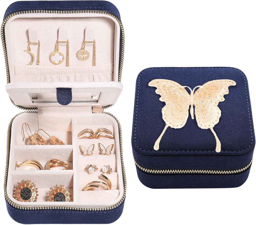 S.Leaf Travel Jewelry Organizer Boxes for Women Small Portable Necklace Earrings Bracelet Rings Travel Case Best Friend Birthday Gifts for Women Trendy (Butterfly_Blue_Gold)