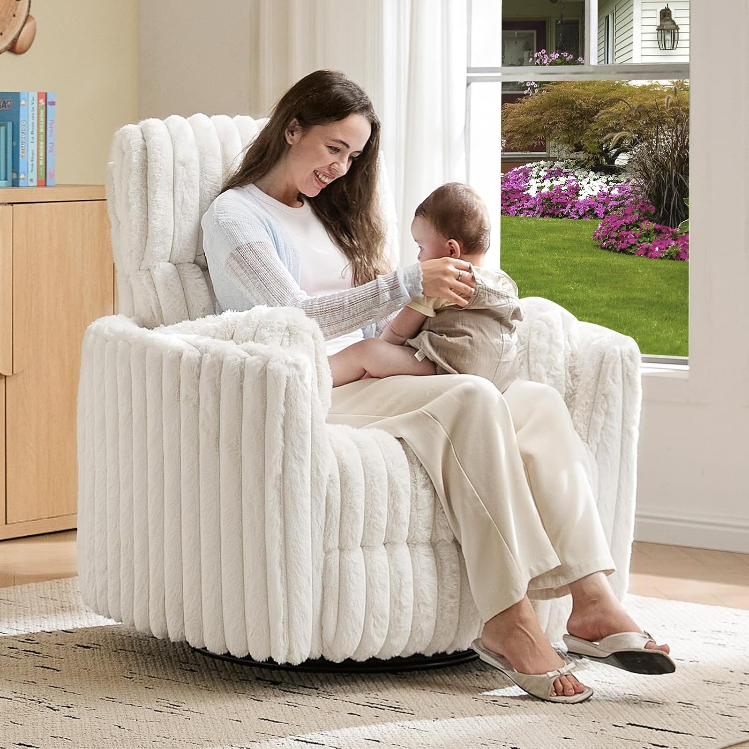 Jocisland Power Rocking Nursery Chair, Oversized Recliner Swivel Glider Chairs for Adults with 2 Pillows, USB & Type-C, Beige Corduroy
