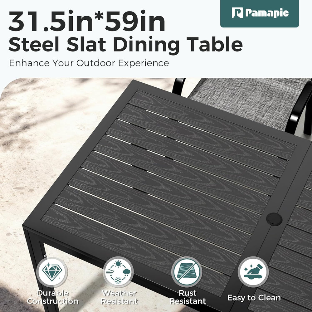 Pamapic Outdoor Dining Sets for 6, Rectangular Steel Slat Table with 6 Textil...