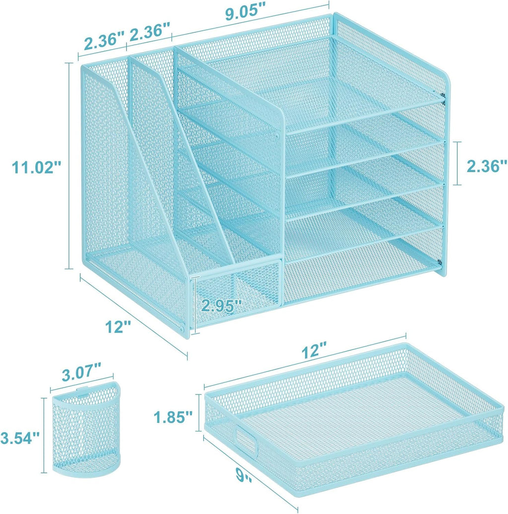 Marbrasse Desk Organizer with File Holder, 5-Tier Paper Letter Tray Organizer with Drawer and 2 Pen Holder, Mesh Desktop Organizer and Storage with Magazine Holder for Office Supplies(Blue)