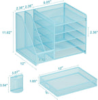 Marbrasse Desk Organizer with File Holder, 5-Tier Paper Letter Tray Organizer with Drawer and 2 Pen Holder, Mesh Desktop Organizer and Storage with Magazine Holder for Office Supplies(Blue)