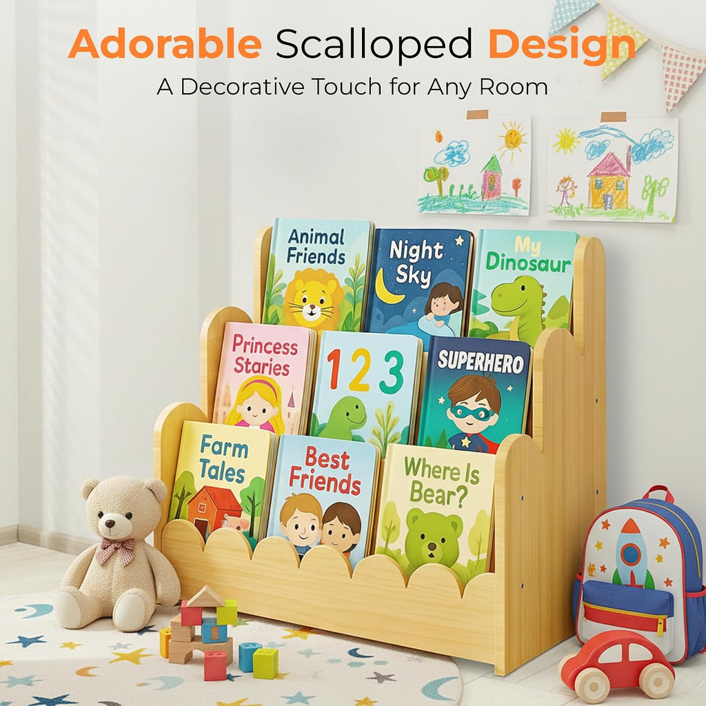 3-Tier Wooden Kids Bookshelf, Montessori Scalloped Bookcase Toddler Front Facing Book Display for Nursery, Baby Bookshelf Organizer for Kids Rooms, Playroom or Classroom