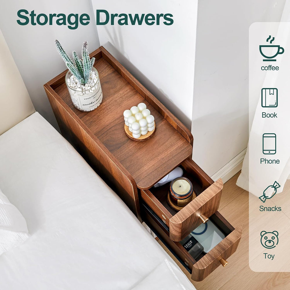 Narrow End Table Bedroom, Wooden Small 2 Drawer Nightstand, Thin Couch Side E...