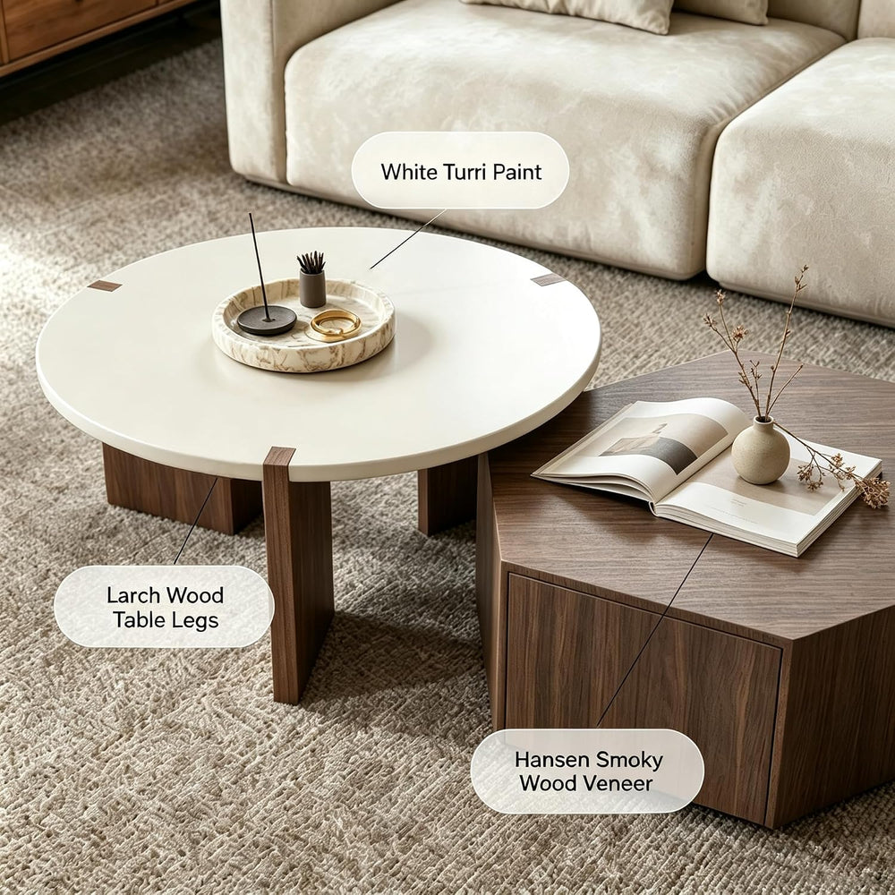 Round Nesting Coffee Table for Living Room, Hexagonal Side Table Set | White ...