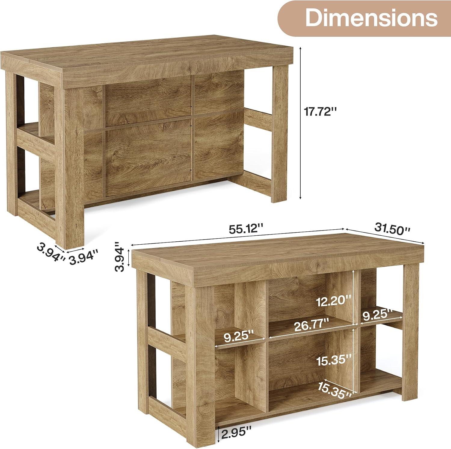 Tribesigns 55.1" Kitchen Island with 6 Storage Cubbies, Farmhouse 3-Tier Stationary Island Table, Large Dual-Sided Coffee Bar Table with Storage Shelves for Kitchen Dining Room