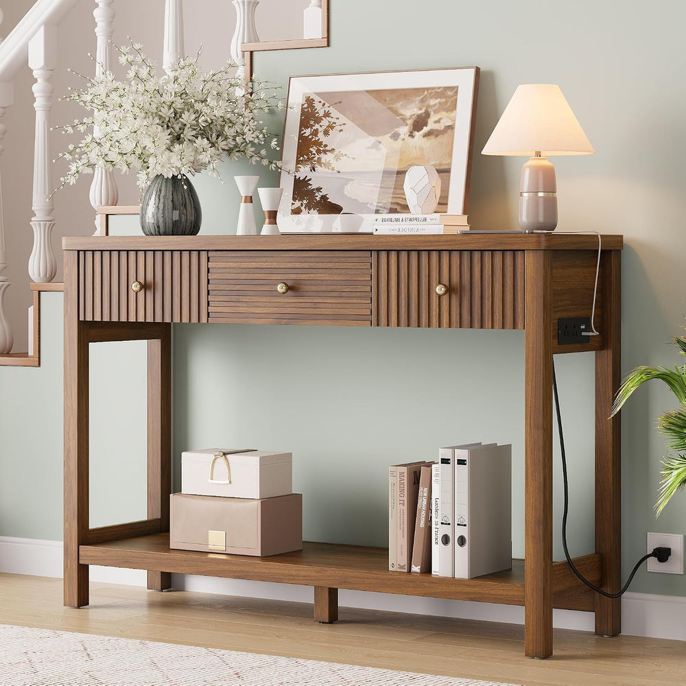 Decofy 47'' Fluted Console Table with Charging Station & 3 Drawer...