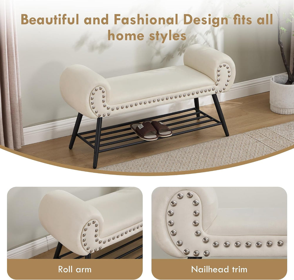 End of Bed Bench with Shoe Shelf, 45" Modern Velvet Upholstered Bedroom ...