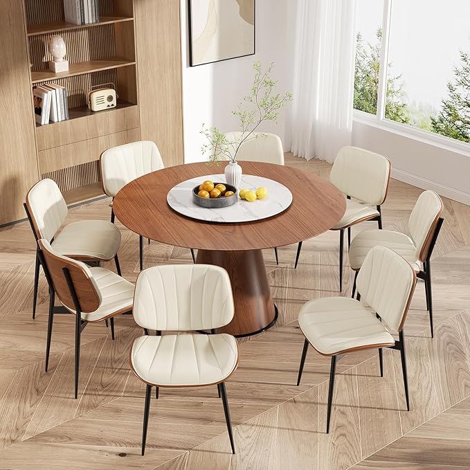 Dining Chairs Set of 6, Mid Century Modern Dining Room Chair, Upholstered Faux Leather Kitchen Chairs with Walnut Bentwood Back and Metal Legs for Kitchen Dining Room Living Room, Beige