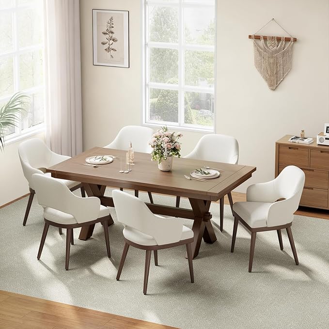 Wooden Dining Chairs Set of 6, Modern Fabric Upholstered Dining Room Chair, Kitchen Side Chairs, Farmhouse Dinner Chair with Open Back for Kitchen, Beige