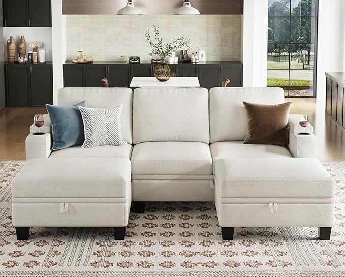 Belffin Small Corner Modular Sectional Couches for Living Room U Shaped Couch with Cup Holder White Couch