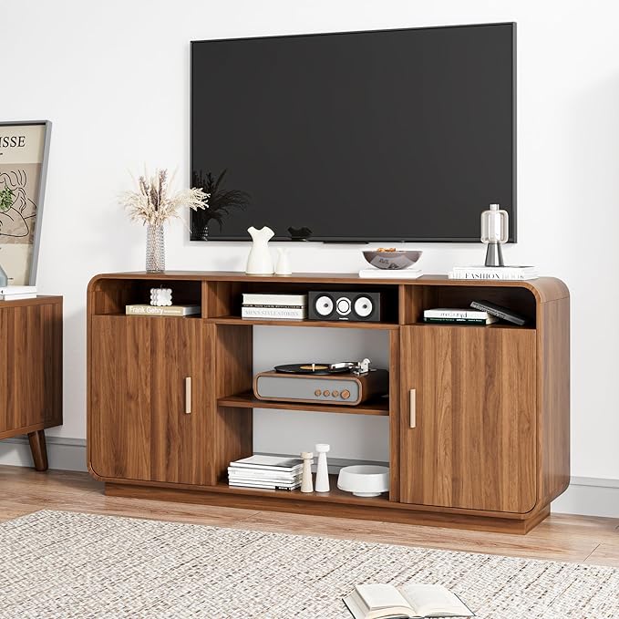 Mid Century Modern TV Stand for 65 Inch TVs, Entertainment Center with Storage Cabinets and Adjustable Shelves, Rustic Media TV Console Table for Living Room, Bedroom (Walnut)