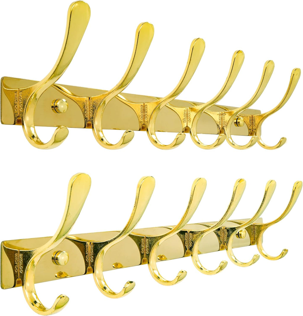 SKOLOO Coat Rack Wall Mounted - 6 Hooks, Pack of 2, Heavy Duty, Stainless Steel, Metal Wall Hangers, Sturdy Coat Hooks for Hanging Coats, Jacket, Clothes, Hat, Bright Gold