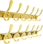 SKOLOO Coat Rack Wall Mounted - 6 Hooks, Pack of 2, Heavy Duty, Stainless Steel, Metal Wall Hangers, Sturdy Coat Hooks for Hanging Coats, Jacket, Clothes, Hat, Bright Gold