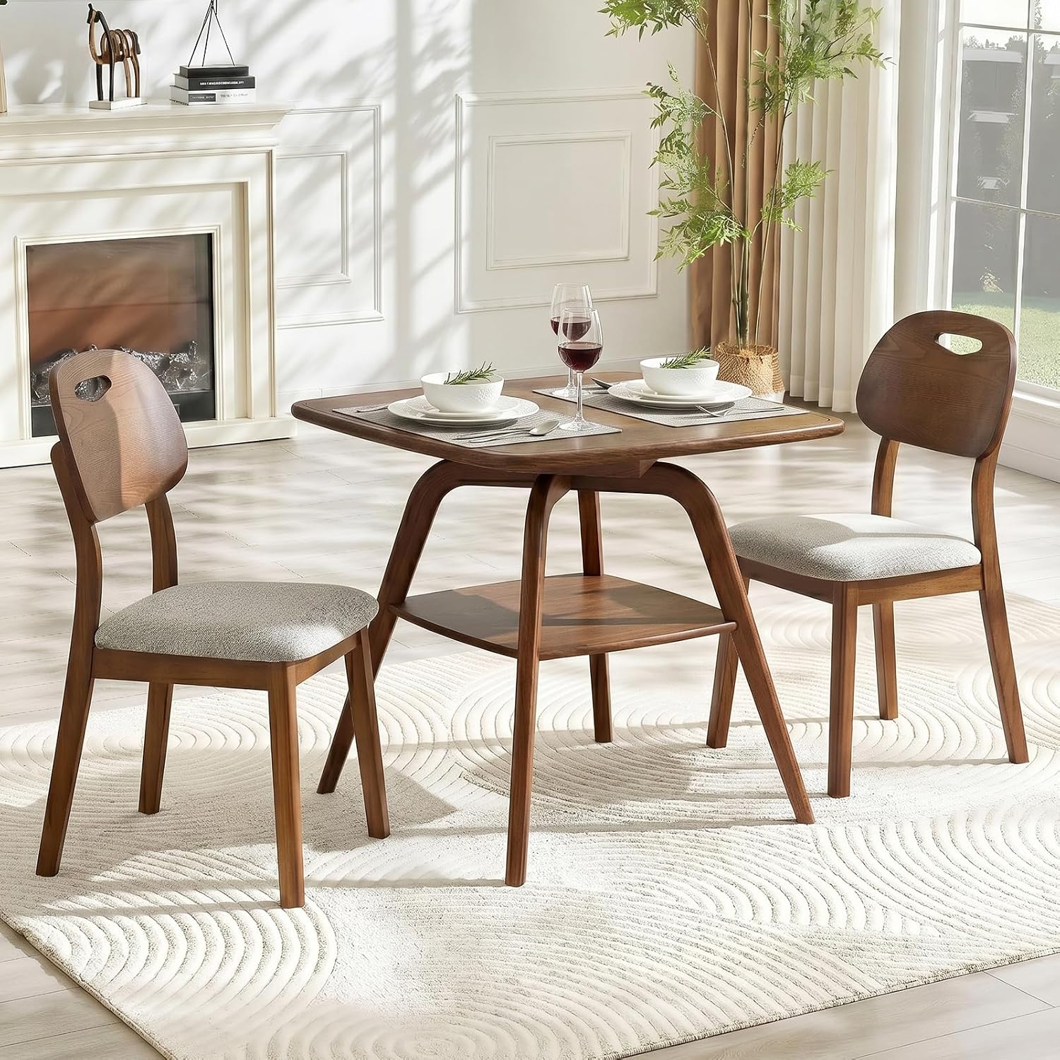 LKTART Dining Table Set for 2, Square Solid Wood Dining Table with 2 Grey PU Dining Chairs, Soild Wood Table Chairs Set of 2 for Small Spaces, Dining Room, Kitchen, Walnut