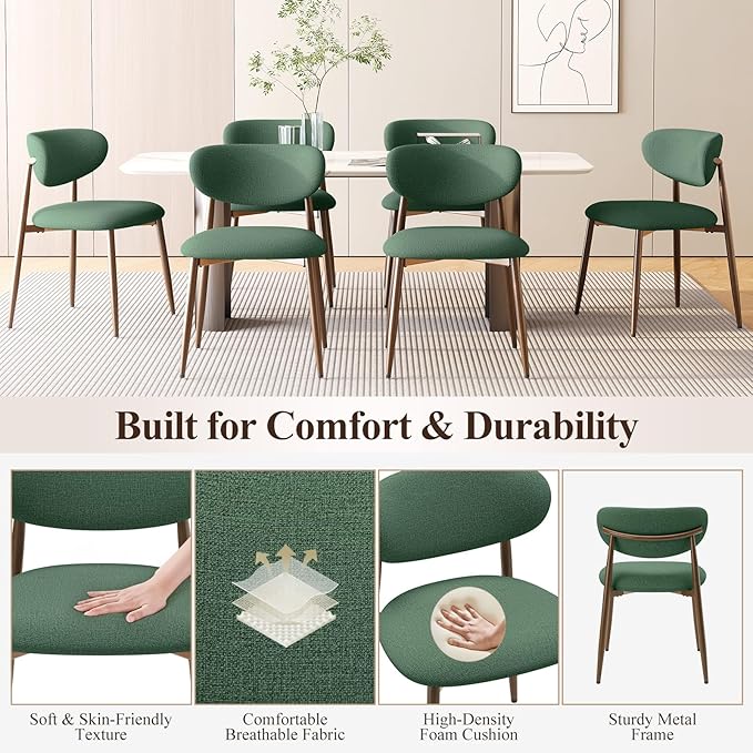 Dining Chairs Set of 2, Upholstered Dining Room Chairs with Metal Legs and Anti Slip Pads, Curved Back Kitchen Chair for Home and Restaurant Use, Green
