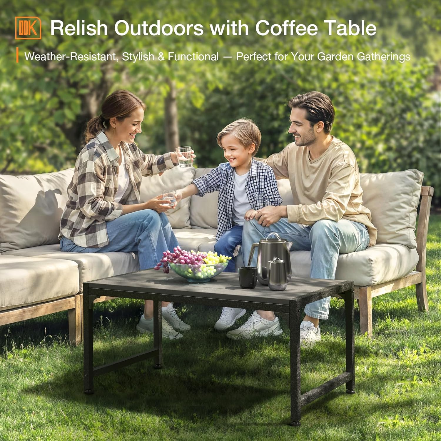ODK Outdoor Coffee Table, Rectangle Weather-Resistant Patio Coffee Table for Garden, Balcony, Hot Tub, Poolside, Heavy-Duty Metal Frame, Grey