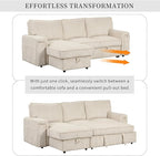 96.1 Inch L-Shaped Convertible Sectional Sleeper Sofa with Pull Out Bed, Storage Bags and 2 Hidden Cup Holders on Arms, Upholstered Corner Couch for Living Room Office Apartment, Beige