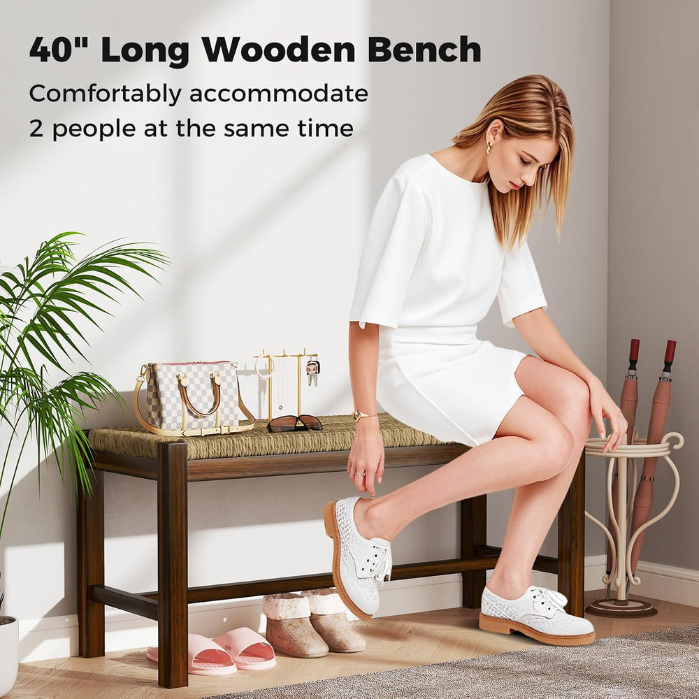 GOFLAME 40” Dining Bench, Farmhouse Boho Entryway Bench with Woven Seagrass S...