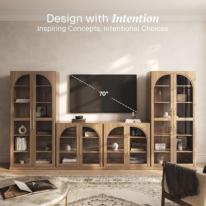 BELLEZE 4-Piece Modular TV Stand Set - 2 Arched Glass Door Sideboard Buffet and 2 Tall Storage Cabinets, Classic Modern Modular Entertainment Center with Adjustable Shelves for Living Room(Camel)