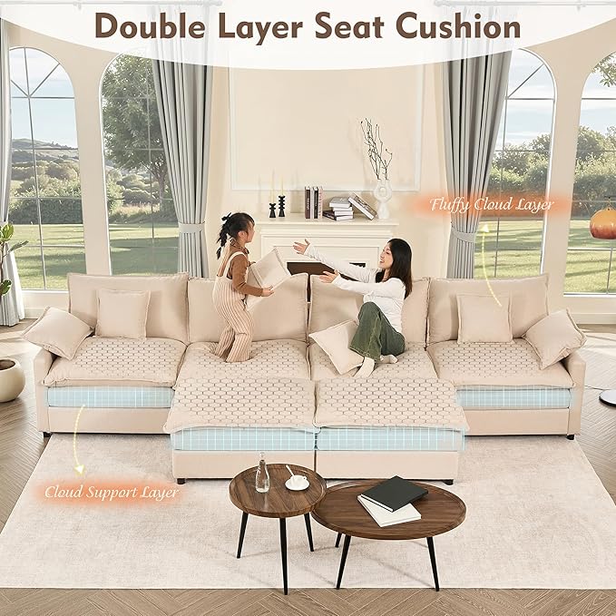 142.5" U Shaped Couch, Modular Sectional Sofa, 3-Seater Comfy Cloud Couch, Set of Modular Pieces with Movable Ottoman, Deep Seat Couches for Living Room, Linen, Beige