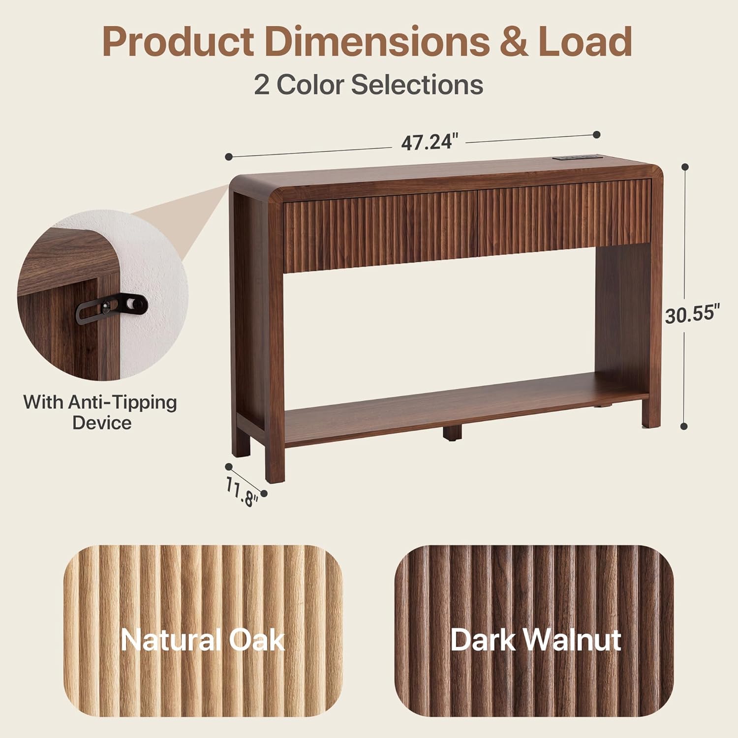 Seang Fluted Sofa Table with Power Outlets,47" Narrow Console Table with 2 Drawers Behind Couch,Curved Entryway Tables with Open Storage for Entrance,Hallway,Living Room,Dark Walnut