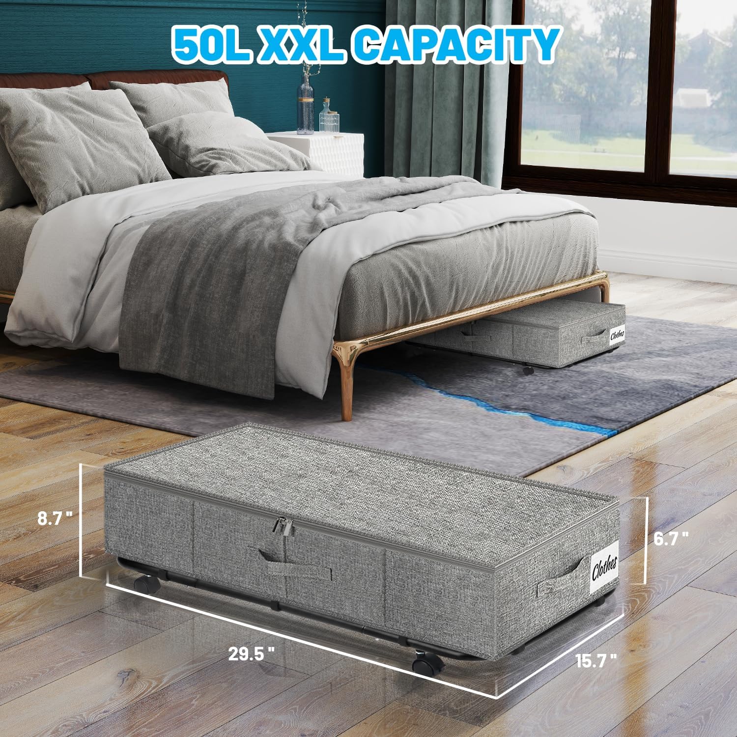 Large Sturdy Under Bed Storage with Wheels, 2 Pack 50L Rolling Underbed Storage Bins, Under Bed Containers Drawer with Metal Bottom Support, Bedroom Organizer with Lids for Clothes, Shoes, Blankets