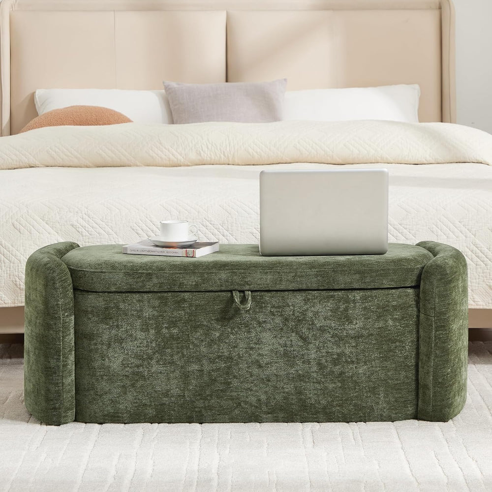 Oval Ottoman Bench with 20 Gal of Storage Space Upholstered Chenille Seat End...
