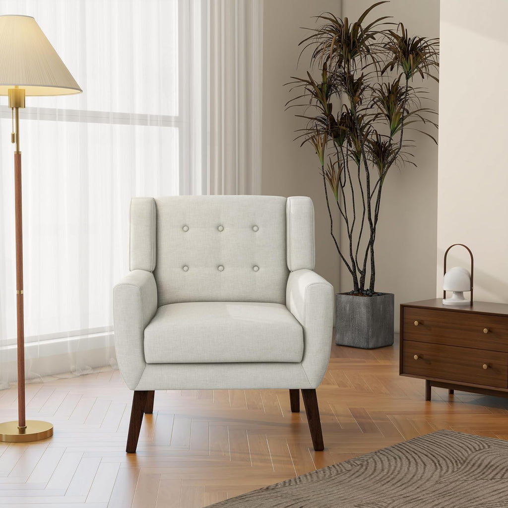 Mid-Century Modern Linen Blend Accent Chair, Beige, Set of 2 | Tufted Button Backrest, 4.5" Plush Seat Cushion, Solid Wood Frame, Easy Assembly, For Living Room Bedroom, & Small Spaces