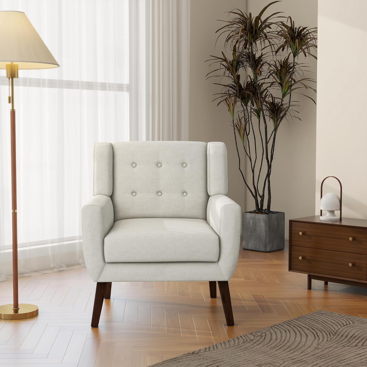 Mid-Century Modern Linen Blend Accent Chair, Beige, Set of 2 | Tufted Button Backrest, 4.5" Plush Seat Cushion, Solid Wood Frame, Easy Assembly, For Living Room Bedroom, & Small Spaces