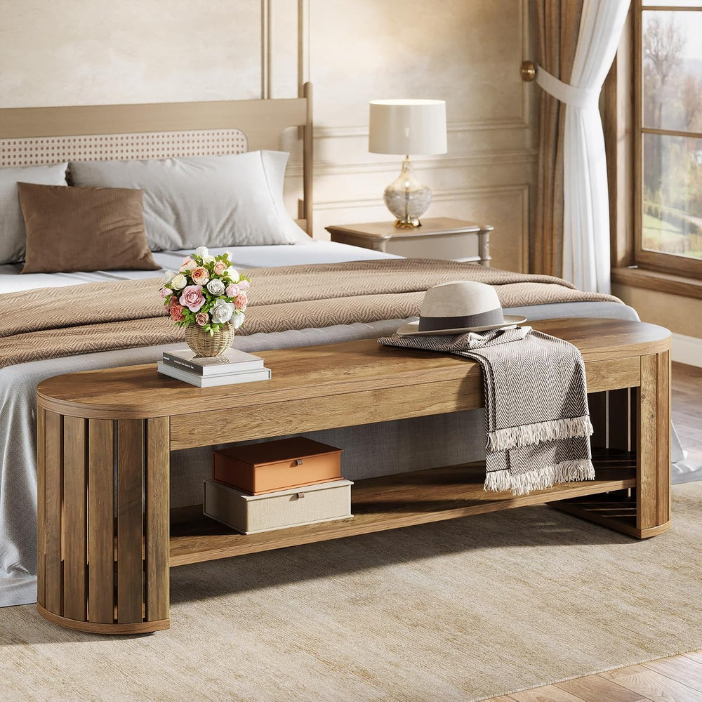 Tribesigns 63" Wooden Entryway Bench with Shoe Storage, Long 2-Tier Narr...