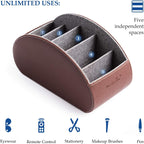 Remote Control Holders Organizer Box with 5 Compartment PU Leather Multi-functional Office Desk Storage Caddy Store Tv Remote for Media Player,Brush,Pencil,Glassees&Office Supplies (Dark Brown)