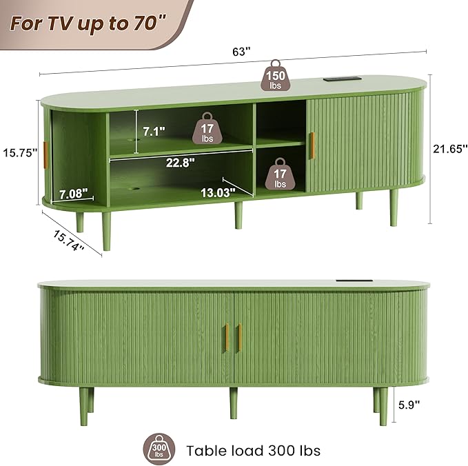 DHH 63 Inch Mid Century Modern TV Stand with Power Outlet for TVs up to 70 Inch, Entertainment Center with Storage and Adjustable Shelves, Media Console with Sliding Doors for Living Room(Green)