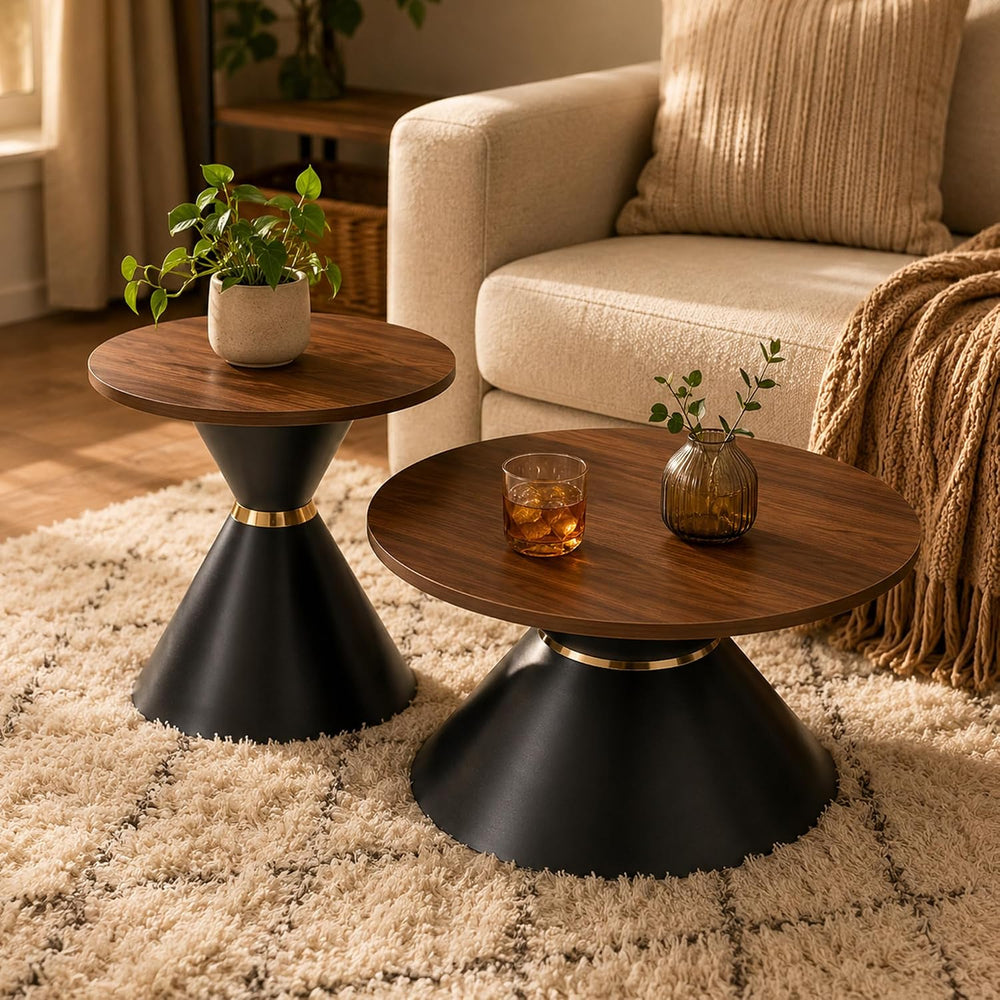 Round Coffee Table Set, Walnut Textured Top with Metal Base, Living Room &amp...