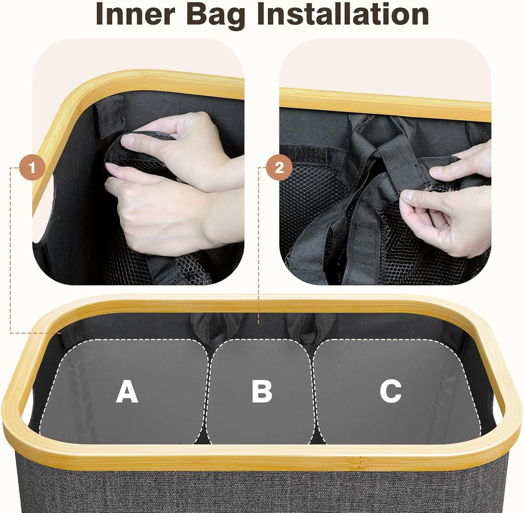 Hampers for Laundry Basket with Lid, 160L Extra Large 3 Section Clothes Divided Organizer for Bedroom, Laundry Room, Dirty Clothing Hamper, Black