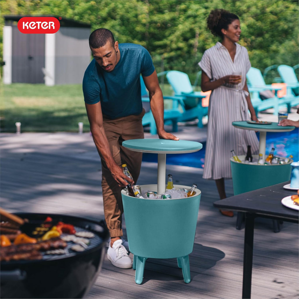 Keter Modern Cool Bar Outdoor Patio Furniture and Hot Tub Side Table with 7.5 Gallon Beer and Wine Cooler, Teal