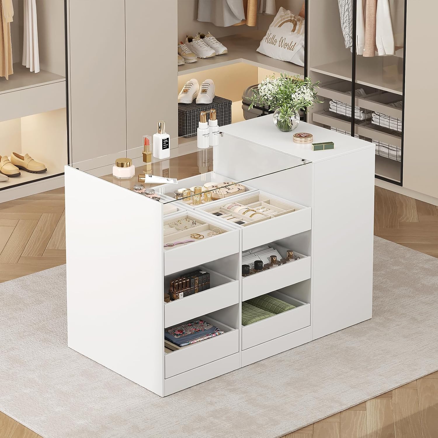 LIVAUVEAD Closet Island with 15 Drawers, Glass Top & Display Shelves, White | Wardrobe Armoire Bedroom Island, White Dresser with Glass Display Shelf, Walk-in Closet Island for Bedroom, Cloakroom
